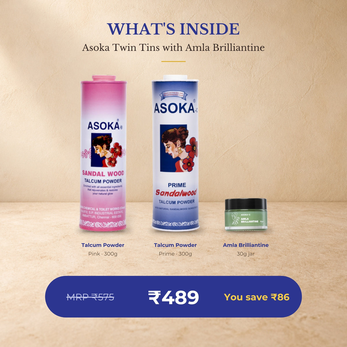 What's inside the Asoka Twin Tins with Amla Brilliantine: Pink and Prime Sandalwood Talcum Powder 300g with Amla Brilliantine 30g jar