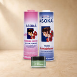 Asoka Twin Tins with Amla Brilliantine: Pink and Prime Sandalwood Talcum Powder 300g with Amla Brilliantine 30g jar, arranged on a sandstone tabletop