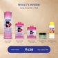 What's inside the Asoka Ritual Set – Pink: Pink Sandalwood Talcum Powder 300g, 70g and 35g with Amla Brilliantine 30g and Cherish Rosewater 100ml
