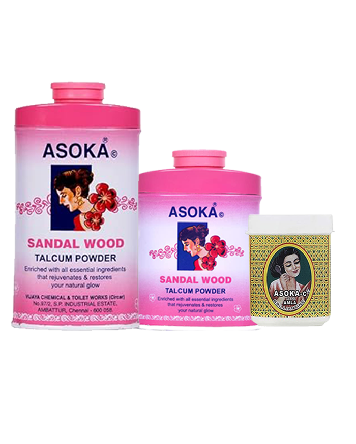 Asoka-c Sandalwood Talcum Powder Pink (70 & 35 Gms) and Asoka-c Amla Brillantine – 50 Gms