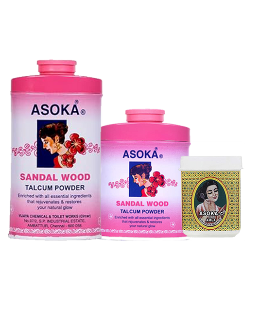 Asoka-c Sandalwood Talcum Powder Pink (70 & 35 Gms) and Asoka-c Amla Brillantine – 50 Gms